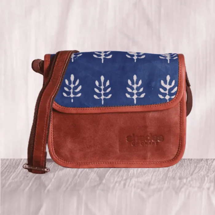 Indigo block print leather sling bag