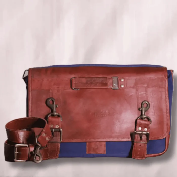 Navy blue canvas messenger laptop bag